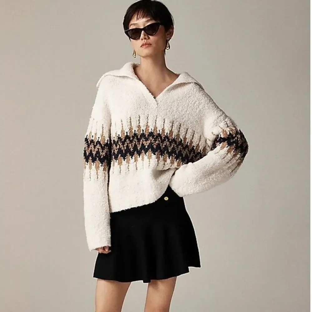 J Crew Fair Isle Johnny Collar‎ Sweater Womens XXS Oversized Boucle Alpaca Wool